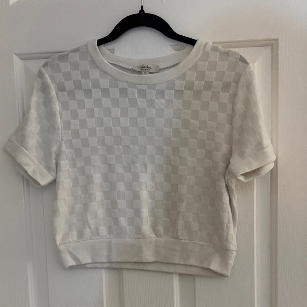 Alya Cream Checker Crop Top - Short Sleeve Knit
